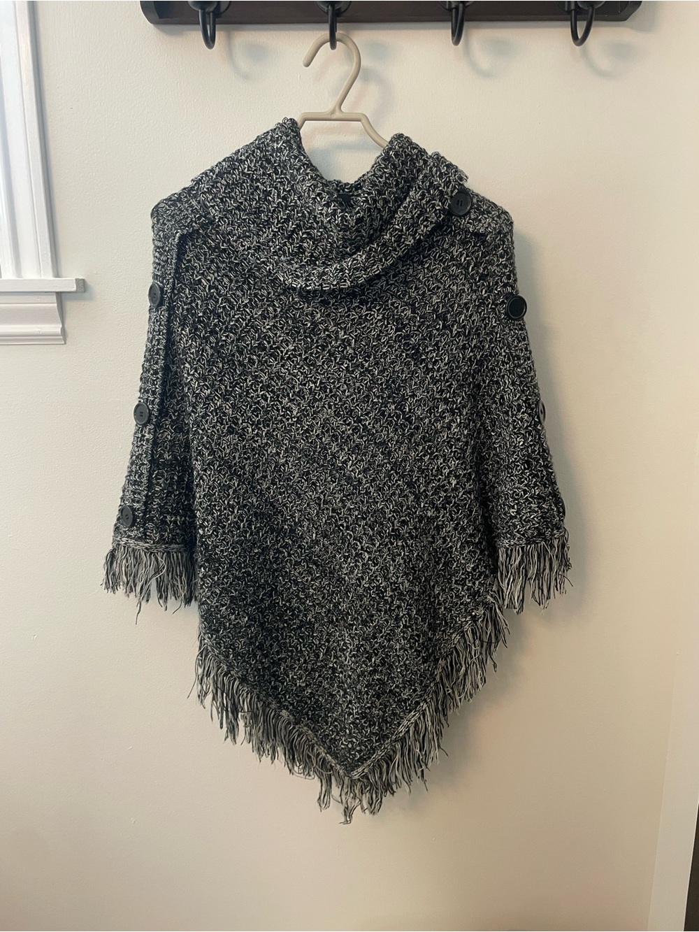 Women's Black & Gray Knit Fringe Poncho Sweater